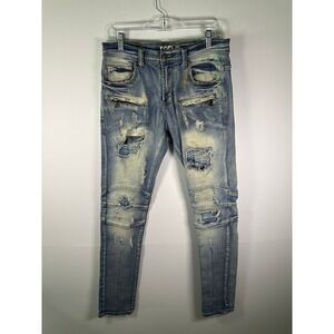 PREME Jeans Mens 30 Slim Skinny Distressed Light Wash Moto Knee Zip Pocket 32L
